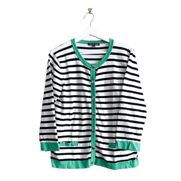 Cable & Gauge Women's Knitted Striped Button Cardigan White Black Size XL - Picture 1 of 7